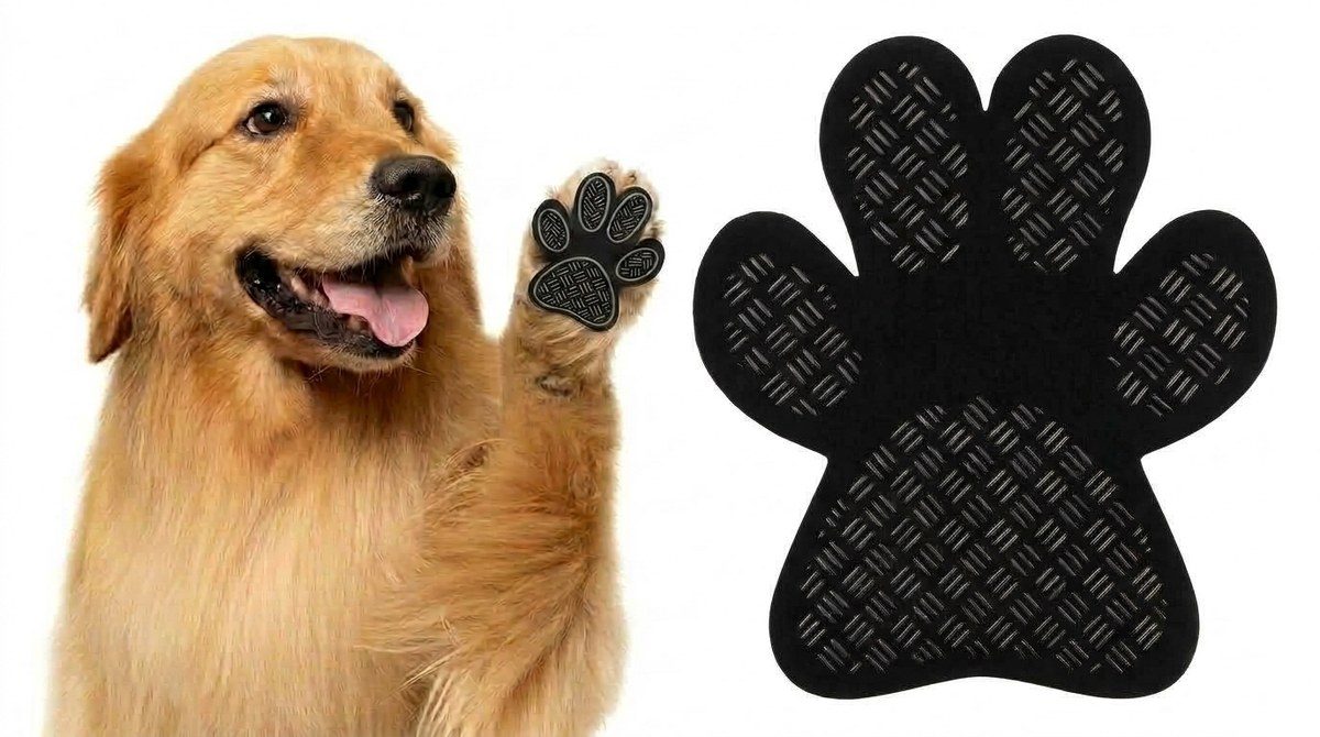 A dog raising a paw wearing a grip pad